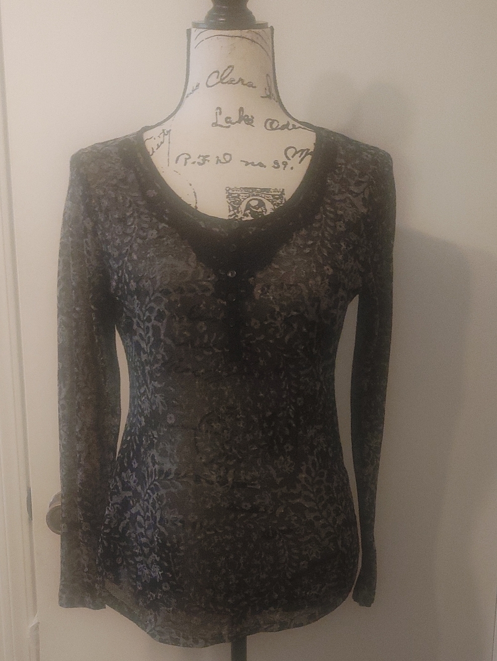 Nine West Vintage America Black Lace-Overlay Long Sleeve Scoop Tee